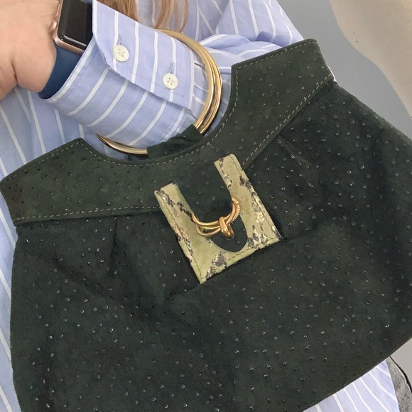 Vegan leather purse dark green w/goldtone “bracelet” ring handle; ostrich, snake - Picture 3 of 14